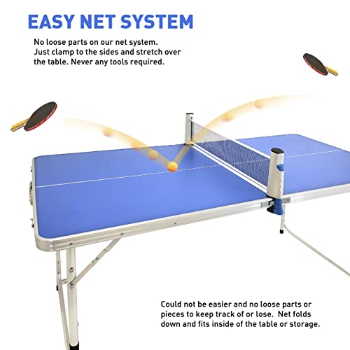 EasyGo Product Ping Pong Table Tennis Space Saving & Easy Storage Includes (2) Regulation Paddles (3) Balls and (1) Easy Clamp Net Table Size 5 Foot X 2.5 Foot Legs 24”-28” Tall - Blue 5ft