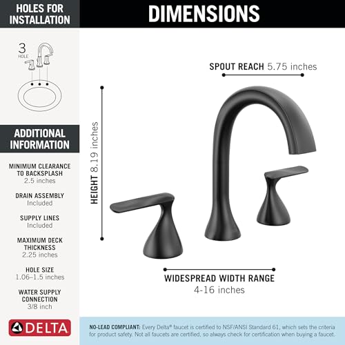 Image of Delta Bonacci Matte Black Bathroom Faucet 3 Hole, 8 Inch Widespread Bathroom Sink Faucet for Vanity, Metal Push-Pop Drain Assembly, Matte Black 3545-BL-DST