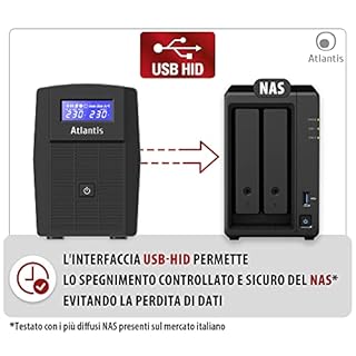 Atlantis A03-HP1003 Gruppo di Continuità Onda Sinusoidale Pura 800VA 480W Line Interactive, display LCD, porta USB-HID, 2 uscite Shuko + cavo alim, 1 batteria 12V-9Ah, protezione RJ45, software gratis