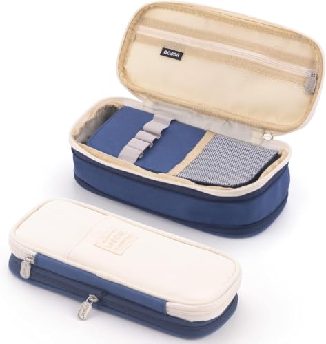 Image of WORSHIPER Big Capacity Pencil Pen Case Bag with Zipper Office College School Storage Large Capacity Bag Pouch Holder Box Organizer Colorful (Special - Creem+Blue Color)