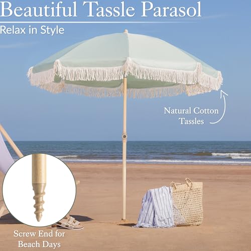 CHRISTOW Portable Garden Parasol with Tilt, 2m Cotton Tassel Beach Umbrella, Outdoor Patio Sunshade, Tilting Canopy, Steel Pole with Wood Effect, UV50+ Sun Protection, Water Resistant, Bag (Sage)
