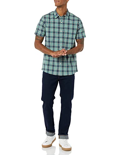 Goodthreads Men's Standard-Fit Short-Sleeve Stretch Poplin Shirt, Navy/Teal Blue/Plaid, Large #TOP2
