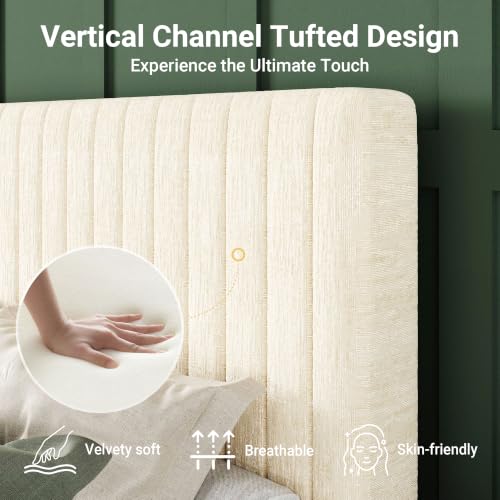 Image of Allewie Full Bed Frame, Upholstered Platform Bed with Adjustable Vertical Channel Tufted Headboard, Mattress Foundation with Strong Wooden Slats, Box Spring Optional, Easy Assembly, Chenille White