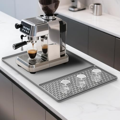 ZICRO Tappetino Caffe 2-In-1,Tappetino in Silicone per Caffè con Bordo Rialzato e Vassoio Separabile,design pieghevole e drenabile,per macchine da espresso, Scolapiatti (Gray)