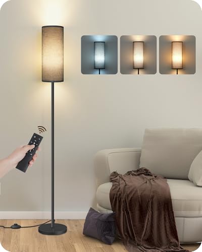 Image of Dimmable Black Floor Lamp for Living Room with Remote and Foot Switch, Corner Floor Lamp for Bedroom, Modern Standing Tall Lamp, 10W 900LM Bulb Included, 3000K-6500K, Linen Shade, FCC Listed B06LD05W1