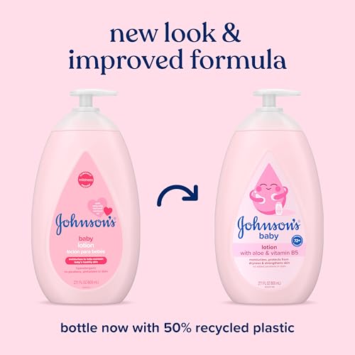Johnson's Baby Lotion with Coconut Oil, Aloe Vera & Vitamin B5, 72 HR Hydration, Skin Moisturizer, Hypoallergenic, Newborn Safe, Protects From Dryness &; Strengthens Skin, Baby Essentials, 27.1 fl. oz