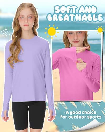 Image of 3 Pack Girls Rash Guard Swim Shirts 5-14Y UV Sun Protection Long Sleeve Thumb Hole Quick Dry T-Shirts UPF 50+ Tees