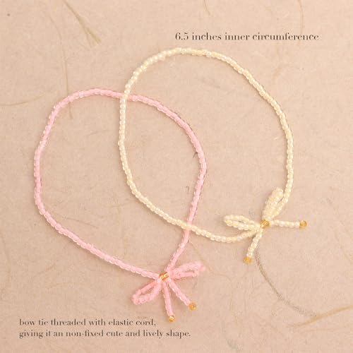 Pink White Bow Seed Beaded Bracelets Set for Women,Cute Boho Small Beads Handmade Stack Adjustable Friendship Ribbon Bracelet Holiday Prom Fashion Jewelry Gift.3