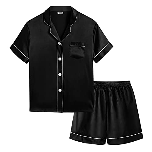 SWOMOG Kids Satin 2 Piece Pyjamas Sets Soft Short Sleeve Teen Girls Boys Sleepwear Button Down Top and Shorts Age 12-13,Black
