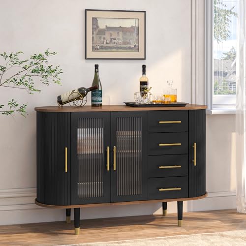 SEREMOVE 47" Buffet Cabinet with Storage, Modern Sideboard with 2 Glass Doors&4 Drawers, Coffee Bar Cabinet with Tambour Sliding Doors, Kitchen Storage Cabinet for Living Room, Entryway, Black