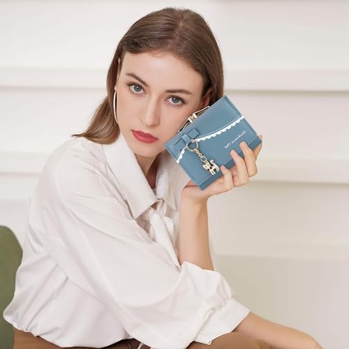 Image of NFI essentials Multi Fold Women's Wallet, Holding Credit Card Cash & Coins Small Purse Clutch with Cat Shaped Metal Keychain Mini Wallet (Blue)