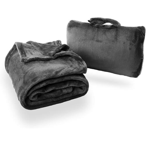 Cabeau Fold ‘n Go Travel and Throw Blanket Plus Compact Case - for Home and Travel - Doubles as Lumbar Pillow and Neck Support Pillow - French Microfiber Comfort - Charcoal