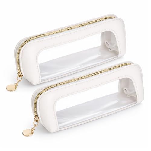 Image of JJUNW 2Pcs Clear Makeup Brush Bag, Portable Makeup Brush Bag, Leather Slim Makeup Case Make-up Brush Bags with Zipper for Women Travel Storage(Beige)
