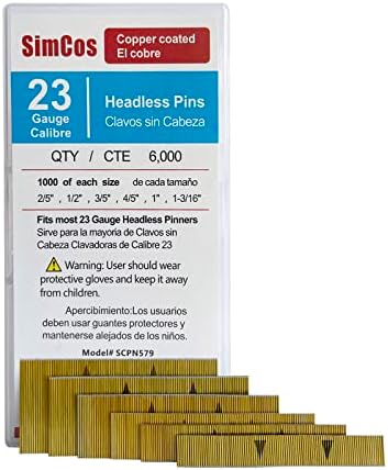 SimCos 6000 pcs 23 Gauge Pin Nails Headless Pinner Nails 6 Sizes Assorted 2/5 Inch to 1-3/16 Inch for Molding Cabinetry Building Assembly
