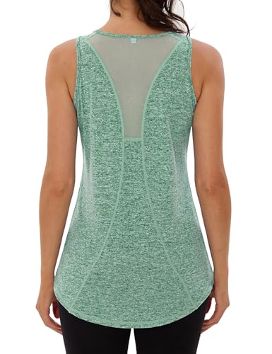Wayleb Sport Oberteile Damen Ärmelloses Sportshirt Kleidung Rundhals Yoga Tanktops Pilates Joggen Workout Lauftop Back Mesh Atmungsaktiv Sporttop, Grün XL