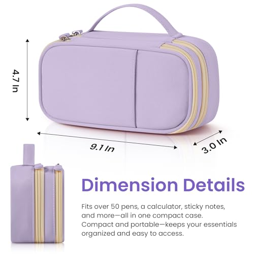 Image of Taja Large Pencil Case Pouch For Girls, Big Cute Pencil Pen Bag Organizer with Zipper Compartments & Handle, Aesthetic Stationery Storage & School Supplies for Teens Boys - Purple