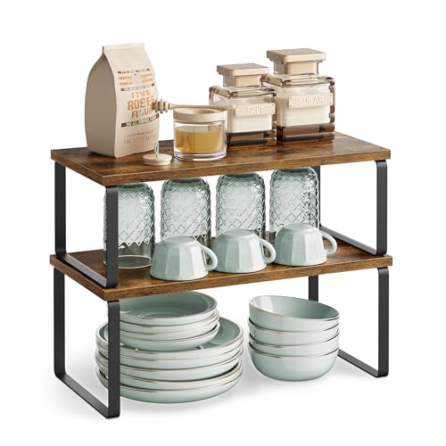 SONGMICS Étagère à Épices, Lot de 2, Organisateur de Placard, Étagère de Rangement de Cuisine Extensible, Porte-épices Empilable, en Métal, Bois d’Ingénierie, Noir d'Encre et Marron Rustique KCS200X01