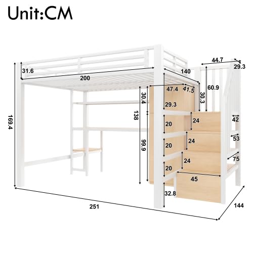 Merax Metall-Hochbett 140x200 mit Schreibtisch, Regal, Kleiderschrank, Stauraumtreppe und LED-Licht – Weiß, Ideal für Kinderzimmer, Jugendzimmer und kleine Apartments