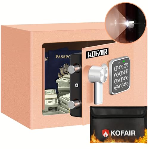 KOFAIR Safe Box for Home Safe (0.23 Cubic Feet) with Fireproof Bag, Personal Money Safey for Cash Saving, Mini Safey with Key, Digital Safety Box with Light, Money Lock Box (Gold Khaki)