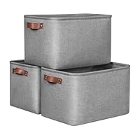 Syeeiex Large Storage Baskets for Shelves with Leather Handle, Foldable 3 Pack Fabric Stoarge baskets for Organizing Home, Toys, Office, Clothes, Grey