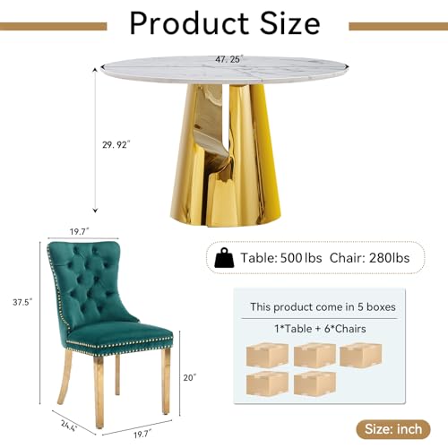 Image of 7-Piece Round Dining Table Set for 6, Modern Faux Marble Kitchen Table and Green Velvet Chairs Set of 6, Luxury 45 inch Circle White Gold Dining Room Tables with Stainless Steel Base