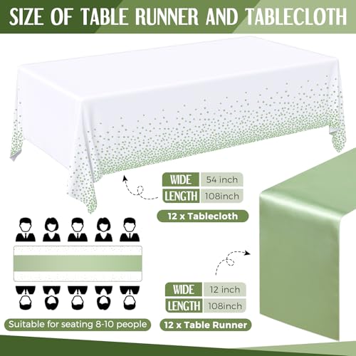 Image of Breling 24 Pack White and Sage Green Disposable Plastic Tablecloths and Satin Table Runner Set, 54 x 108 Inch Tablecloth, 12 x 108 Inch Table Runners for Wedding Graduation Birthday Baby Shower
