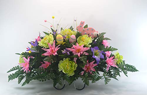 R47Spring Cemetery Flower Arrangement, Easter Saddle, Headstone Saddle, Grave, Tombstone Arrangement, Cemetery Flowers