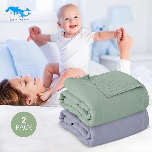 Image of SWEET DOLPHIN Muslin Baby Bath Towels Blanket - 2 Pack 100% Cotton Towel for Babies, Infants, Toddlers - 40x40Inch - Highly Absorbent, Green and Grey