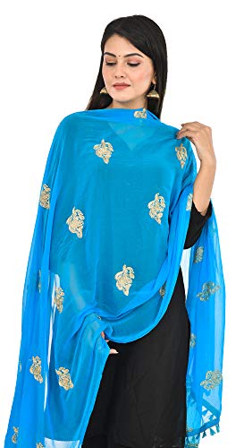 Image of YOUTHQUAKE Golden Patti Embroidered Work Chiffon Dupatta for Womens & Girls with Jaalar Lace