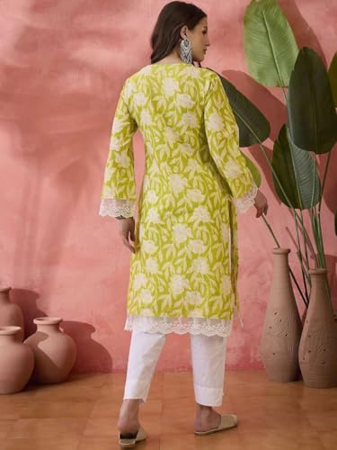 Image of Women's Floral Printed Cotton Afgani Kurta with Lace Detail Full Sleeves