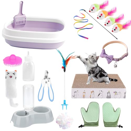 Kitten Starter Kit - 16 Pcs Cat Essentials Set Includes Litter Box Toys Collars Scratch Pad Nail File Automatic Feed Bowls Grooming Gloves (Purple 16 Pcs)