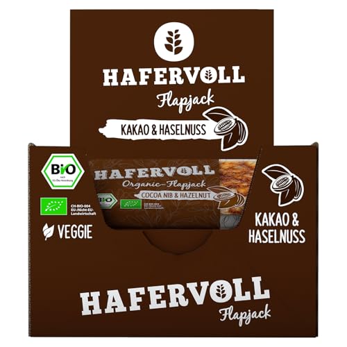 HAFERVOLL Organic Flapjack Cacoa Nib & Hazelnut, 18 x 60 g Müsliriegel - Bio-zertifiziert, mit Honig ohne Zusatz von Zucker, Hafer, im Ofen gebacken