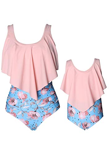 OMZIN Mother and Daughter Swimsuit High Waisted Tummy Control Matching Family Two Pieces Falbala Tankini Bikini Set