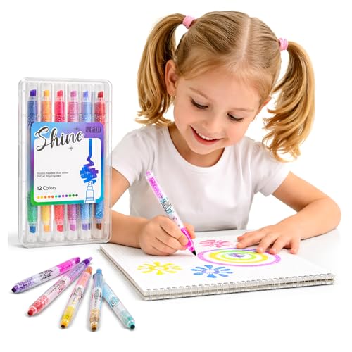 Image of WISHKEY Double-Head Glitter Marker Pens, Shining Non-Toxic Ink, Quick Drying Shimmery Colorful Highlighter Pens for Multipurpose, Stationery Items for Kids and Adults, 8+ Years (Pack of 6, Multicolor)
