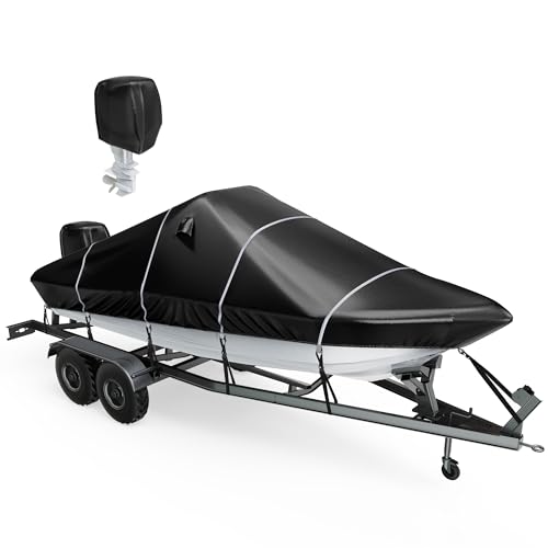 MZS 1200D Trailerable Boat Cover, 17-19 ft Waterproof Windproof UV Resistant Heavy Duty Marine Grade Canvas with Motor Cover, Fits V-Hull, Tri-Hull, Bass Boats, Fish & Ski, Runabout by MZS - Used condition - US$80.79