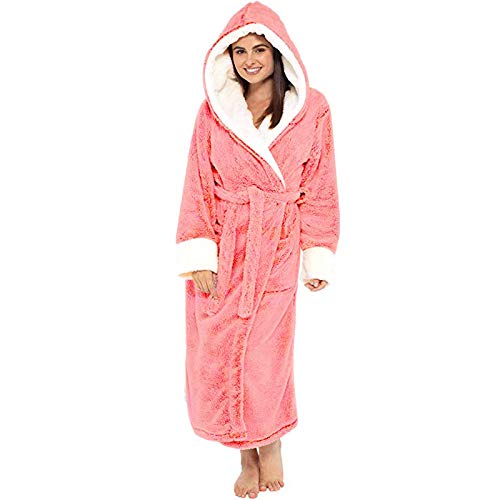 WUAI-Women Hooded Bathrobe Fuzzy Fleece Robe Sherpa-Lined Spa Robe Dressing Gown Housecoat Full Length Plus Size(Pink,Medium)
