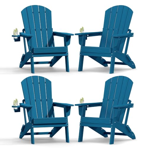Image of Plawdlik Folding Adirondack Chair, SGS Tested, Wooden Textured with Cup Holder, Heavy All-Weather HDPE Comfortable Set Poolside Backyard Lawn Navy Blue Set 4