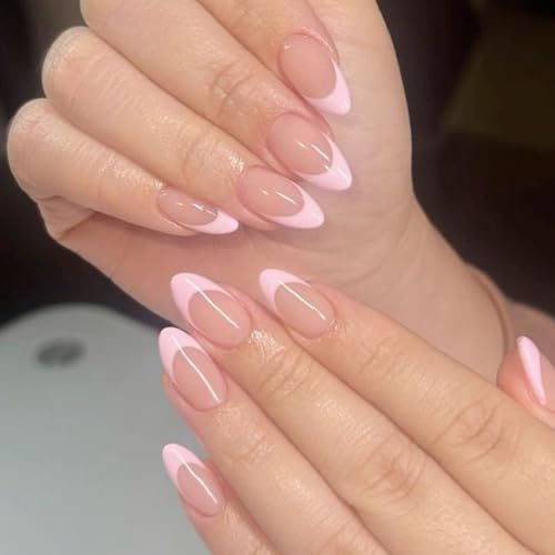 Modelones Pink French Tip Press on Nails Almond, Short Almond Fake Nails, Fall Halloween Nail Kit with Nail Glue Adhesive Tabs Mini Nail File, Nails Press Ons 32Pcs16 Sizes, Women Girl Gift