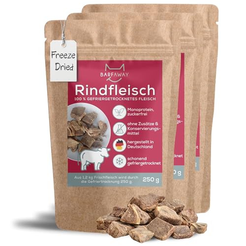 BARFAWAY gefriergetrocknetes Rindfleisch, Premium Muskelfleisch, gesunde Hundeleckerlies, getreidefrei, zuckerfrei, 100% natürlich ohne Zusätze, Deutsche Herstellung, 3er Pack (3 x 250 g)