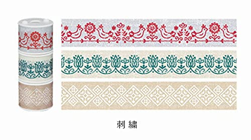 KOKUYO Bobbin Washi Tape Set, 3 Pack, Mini Masking Tape, Embroidery Pattern, 0.6" Wide, 9.8ft Long, Space-Saving Design, for Journals, Planners, DIY Crafts, Japan Import (T-B1115-9-3S) image 3