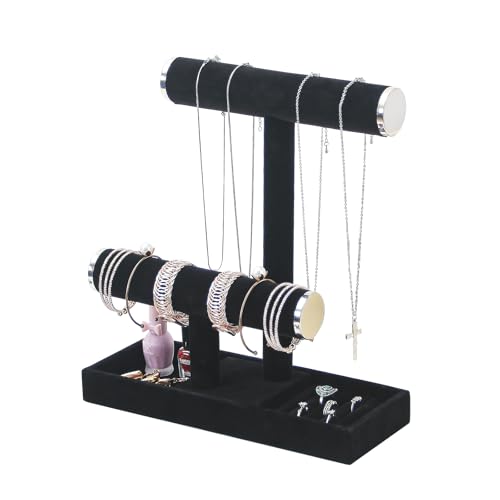 Pengup Portagioie a 2 ripiani, supporto per braccialetti e collane con vassoio, supporto per gioielli per ragazze, albero gioielli in velluto (nero argento)
