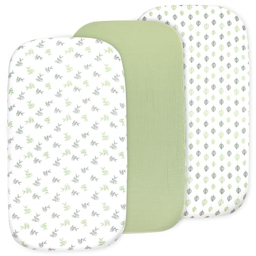 Image of 3-Pack Organic Muslin Bassinet Fitted Sheets, Compatible with Halo, Snoo, Graco, Dream On Me, Delta, and Other Standard Size Bassinets - Fits Oval, Hourglass, & Rectangle Shapes (32 x 16 x 4 Inches)