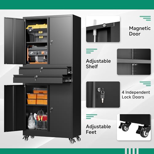 Image of Letaya Metal Garage Storage Cabinet with Wheels,Rolling Tool Cabinet with 4 Door Lock-Adjustable Shelves and 2 Drawer for Garage Home Office Utility Room (Black with Wheels)