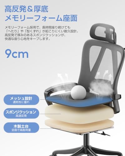 【公式】Lomurae オフィスチェア メッシュ ハイバック フットレスト付き 135°リクライニング デスクチェア 調節可能ランバーサポート ヘッドレスト 静音キャスター 耐荷重150kg 在宅ワーク ブラック [5]