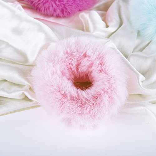 2 Pcs Pink Pom Pom Hair Tie Fuzzy Scrunchies Furry Hair Bands With Faux Rabbit Fur Fluffy Elastic Hair Bobbles Ponytail Holders Girls Women Hair Accessories #TOP2