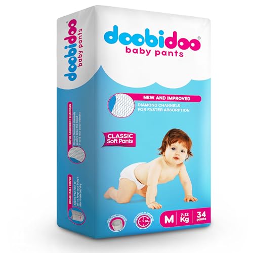 Image of Doobidoo Classic Baby Diaper Pants - M Size | High Absorbency with Cottony Bubble Soft Topsheet, Anti-Leak Side Cuffs & Rash-Free Comfort | Gentle Protection (7-12 kg) - Pack of 1 | 34 Count