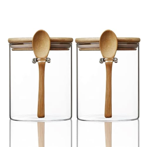 2 Sets 15Oz/450ML/1Lb Clear Glass Containers for Pantry with Wooden Spoon, Small Air Tight Food Storage Canister with Bamboo Airtight Lid, Hermetic Covered Kitchen Orgainzation Storage Jars with Scoop
