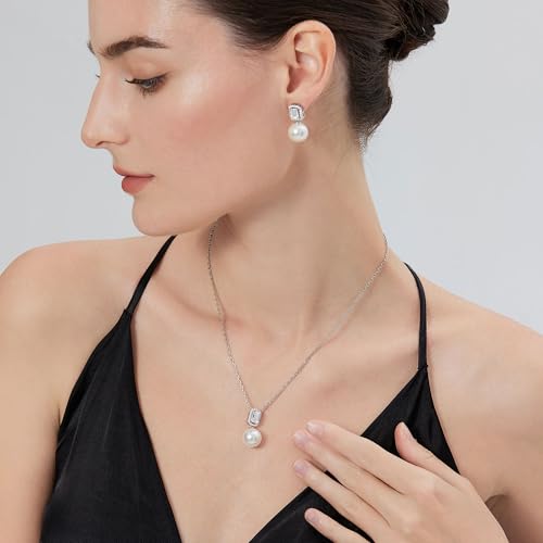 12MM White Artificial Pearl Earrings for Women Sterling Silver Halo Stud Earrings Created Emerald May Birthstone Dangle Earrings 5