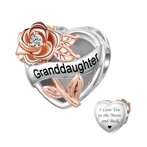 ZakiaHo Heart Granddaughter Charms for Bracelets I Love You to the Moon and Back Rose Flower Birthday Gifts for Women Compatible with Pandora Charms Bracelets