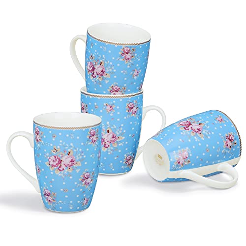 fanquare 350ml Juego de Tazas de Café de Porcelana Floral con Asa, Grande Tazas de Té Azul y Blanca, Juego de 4